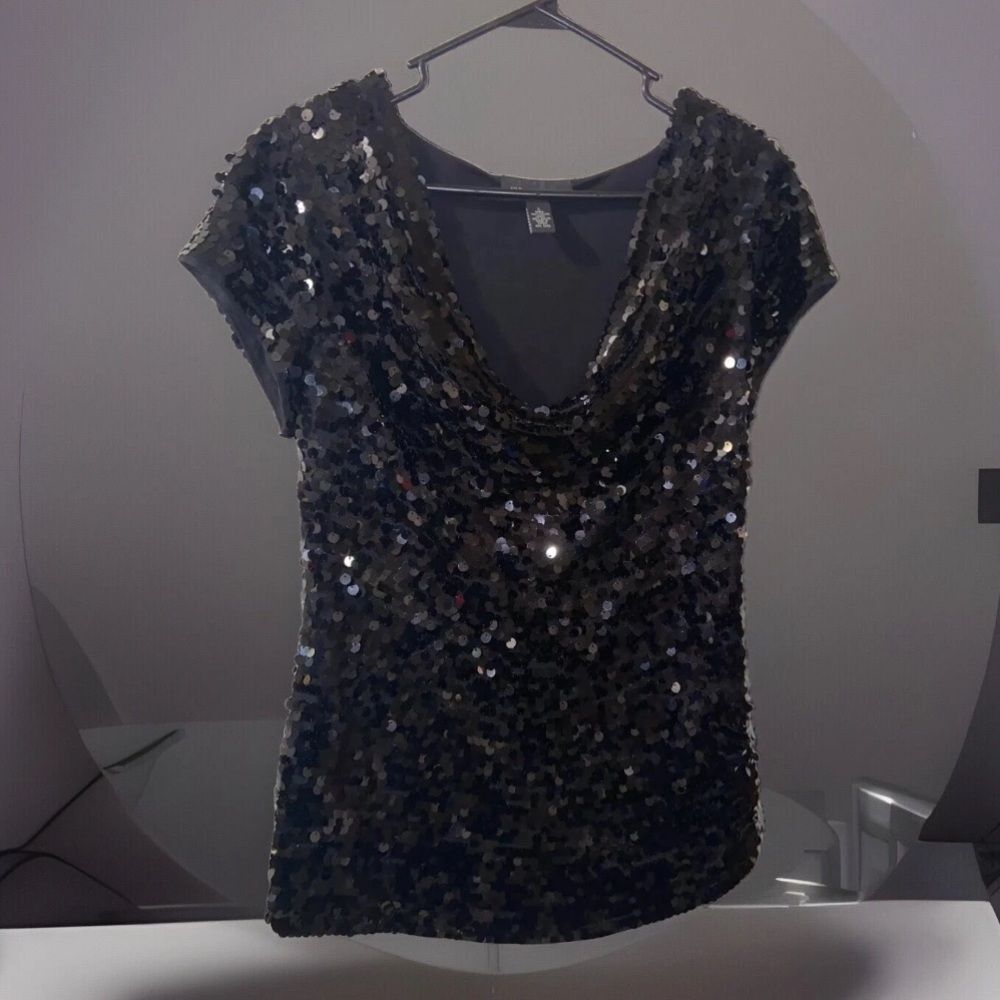 INC International Concepts Black Sequin-Cowl Top Short Sleeve Size S Small